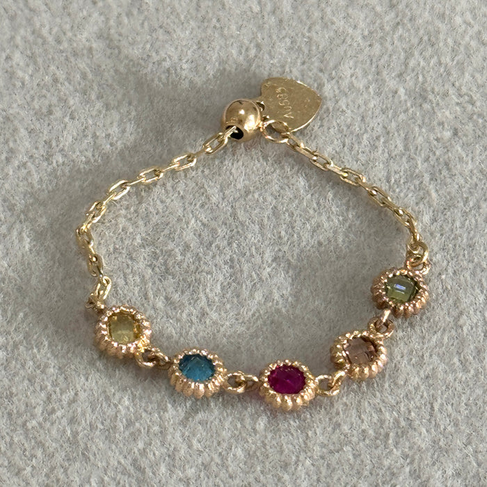 14K Yellow Gold Colourful Gems Beaded Chain Ring