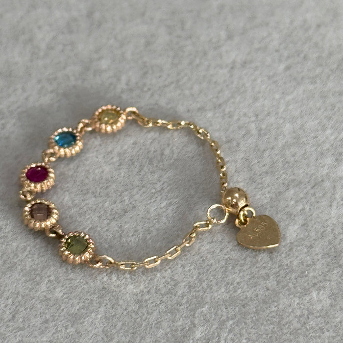 14K Yellow Gold Colourful Gems Beaded Chain Ring