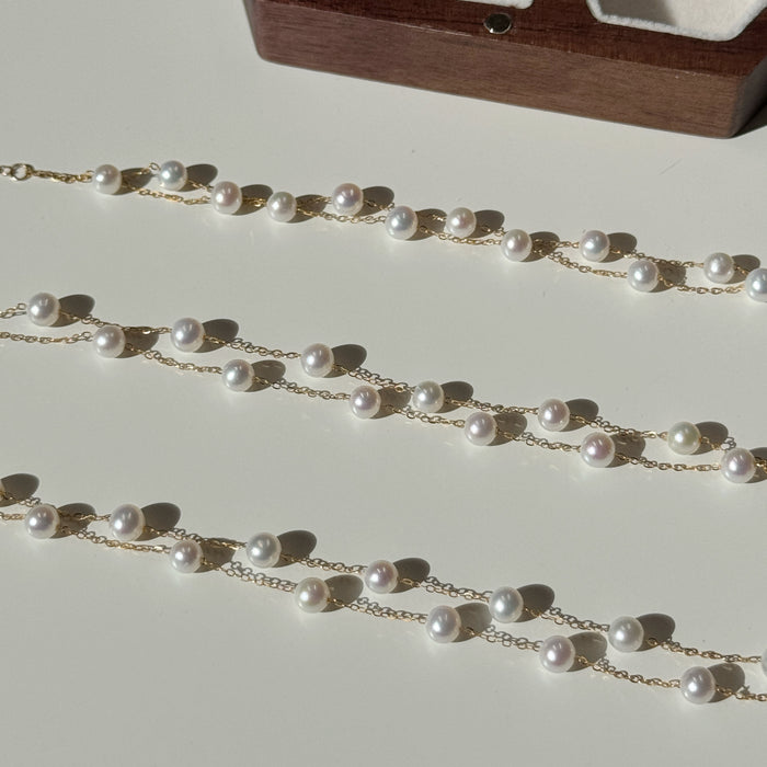 18K Yellow Gold Freshwater Pearl Chain Layered Bead Bracelet