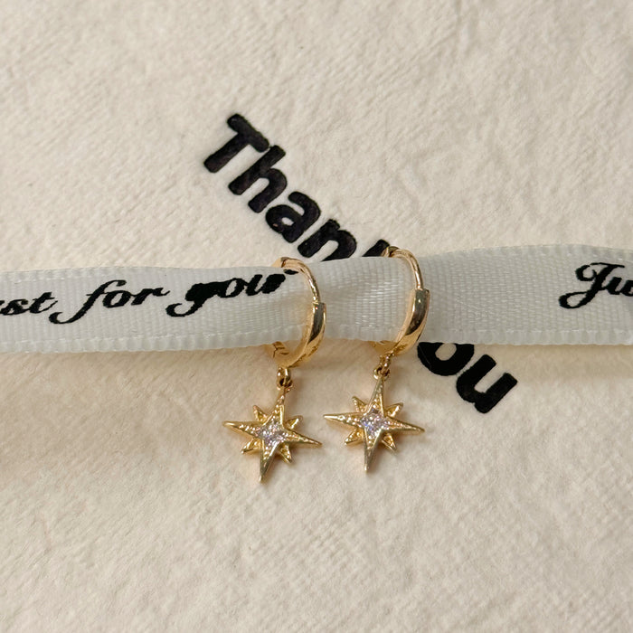 10K Yellow Gold North Star Dangle Hoop Earclip Earring