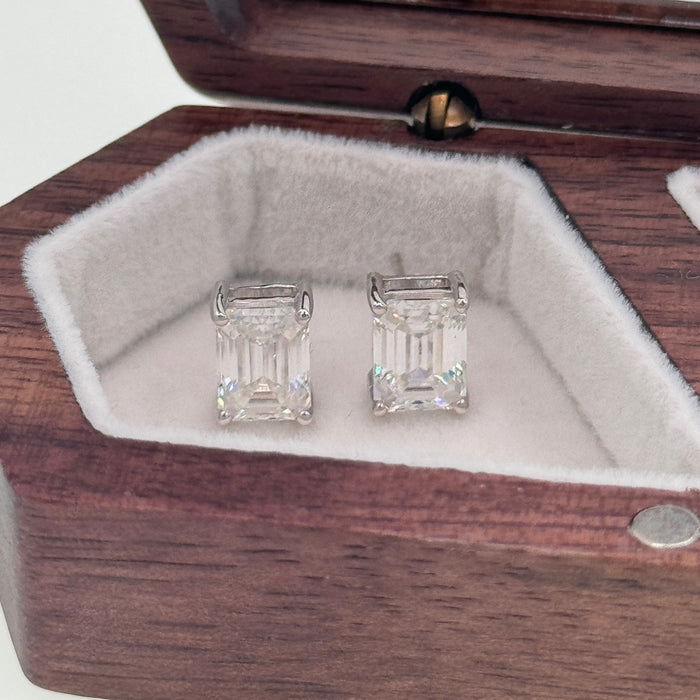 10K White Gold 4 Carat Moissanite Emerald Cut Stud Earring